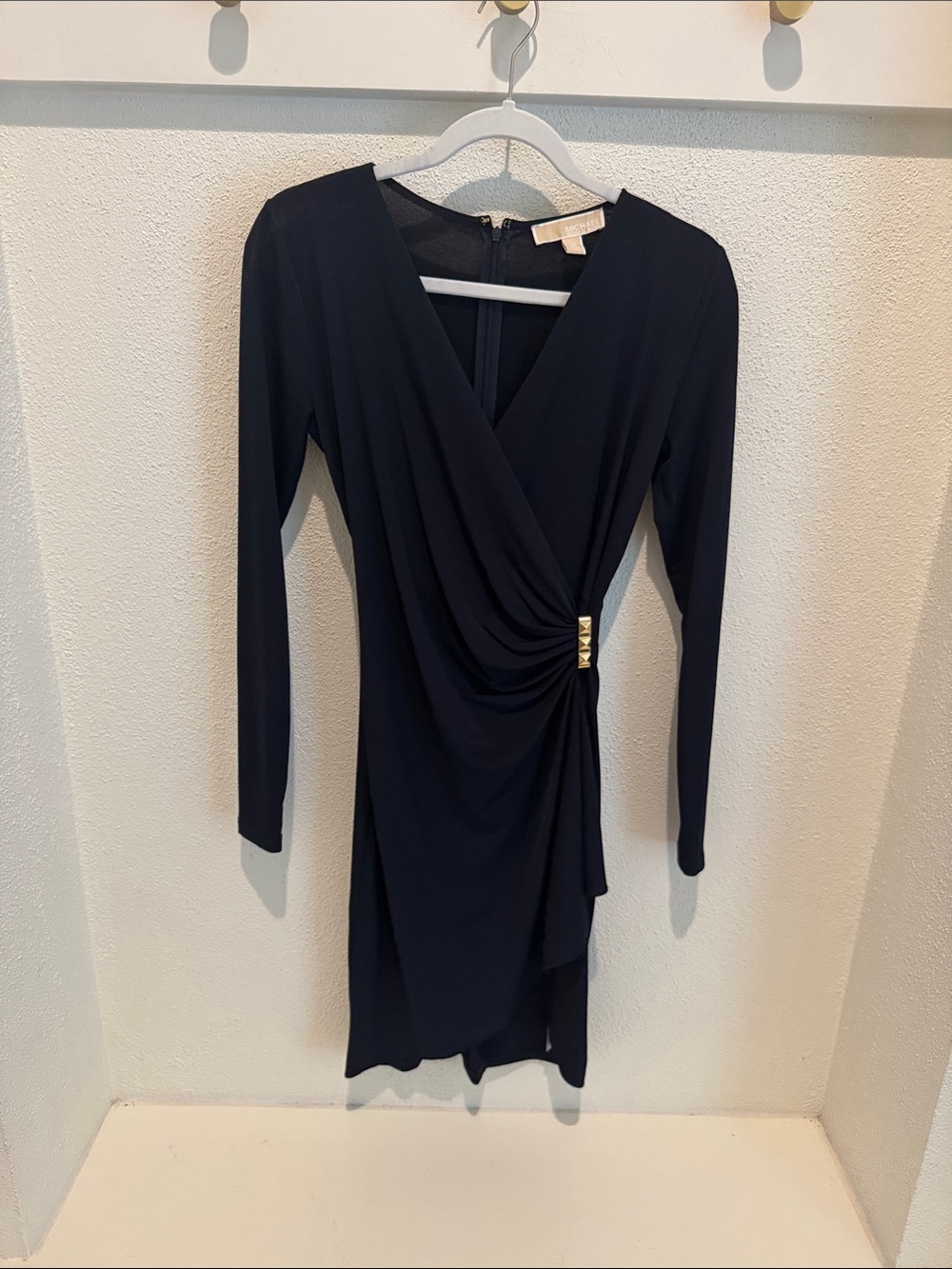 Michael Kors Black Long-Sleeve Mini Wrap Dress with Gold Accent